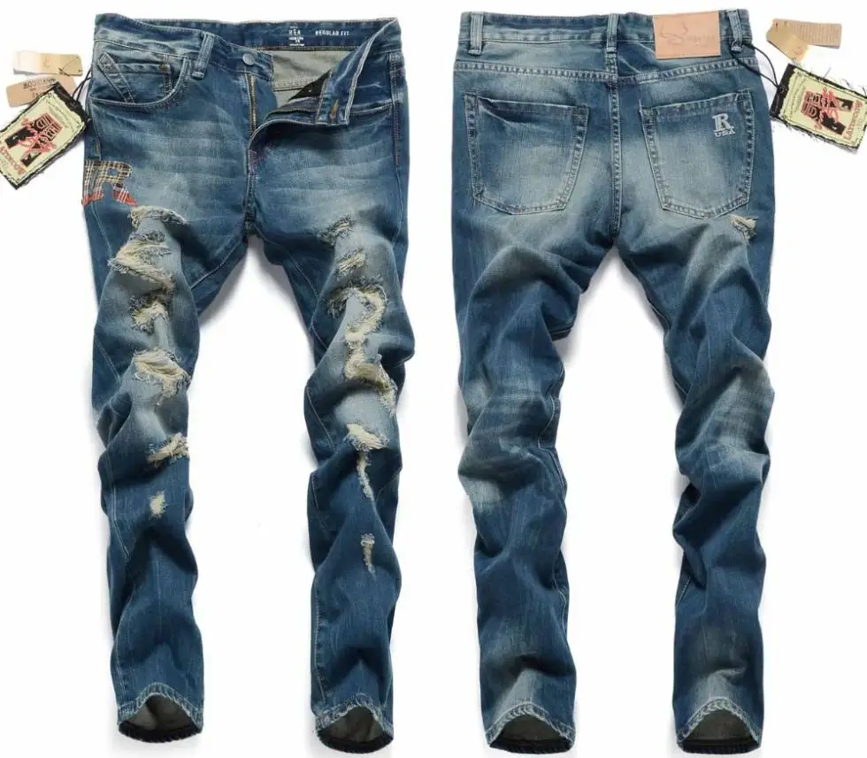 new arrival dark blue ripped men jeans 2014 light wash ripped jeans light blue men