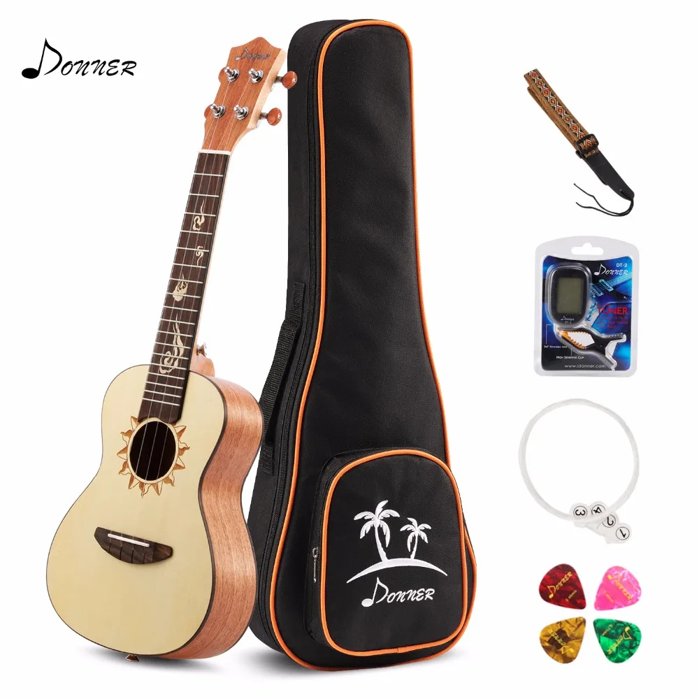 Donner 26 inch Spruce Tenor Ukulele with Ukulele Set Strap Nylon String Tuner