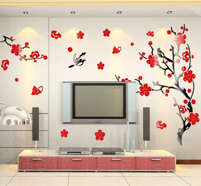 wholesale ikea style crystal 2mm thick plum flower 3d wall sticker