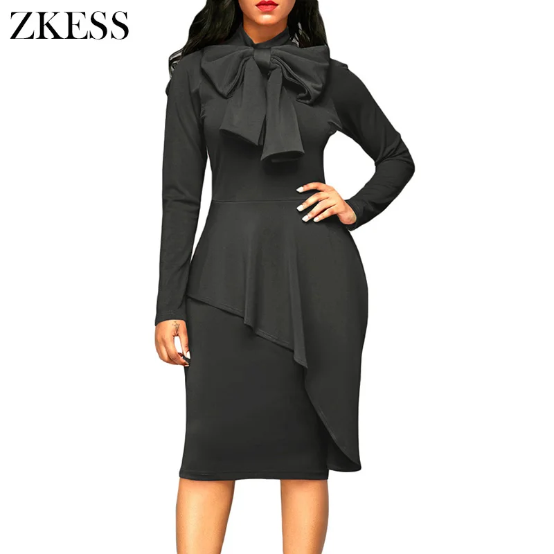Grey-Asymmetric-Peplum-Style-Pussy-Bow-Dress-LC61826-11-1 