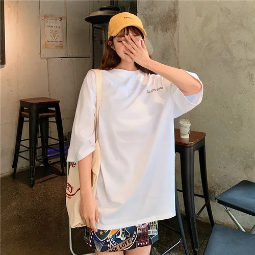 

Oversize Loose Casual Simple Letter Printed Korean Style Street Hot Sale 2019 New Spring Cotton Female Women T-shirts