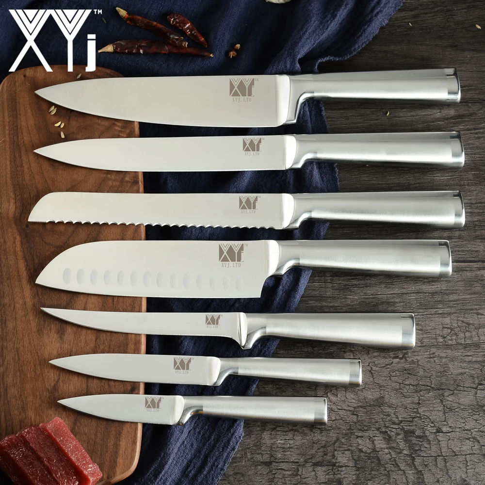 XYj Kitchen 8pcs Stainless Steel Knives Set 8 inch Knife Stand Boning Santoku Knives Fish Sushi Japanese Style Cooking Tools