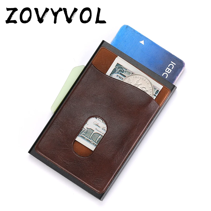 

ZOVYVOL Metal Credit Card Holder Automatic Elastic Vintage Aluminum Wallet PU Leather Antitheft Blocking Wallet Pass Port Holder