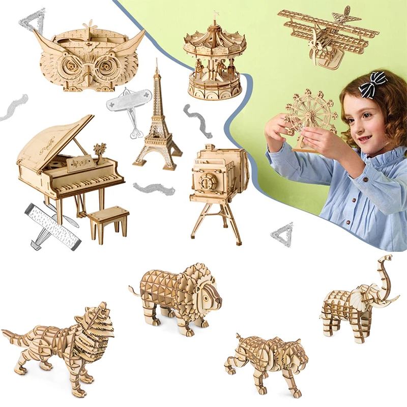 

Robotime DIY 3D Puzzle Wooden Animals & Buildings Puzzles Game 10 Kinds Assembly Toy Gift for Children Kids Adult Model Kits