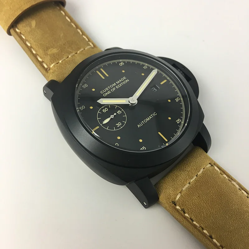 

OUMASHI 44mm Men Automatic Mechanical Watch Wrist Black Case Luminous Leisure Sports Leather Strap Watch