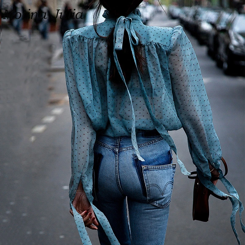 

Motina Julia sexy streetwear button ruffle blouses shirt women dot plaid see through female blusas tops chic