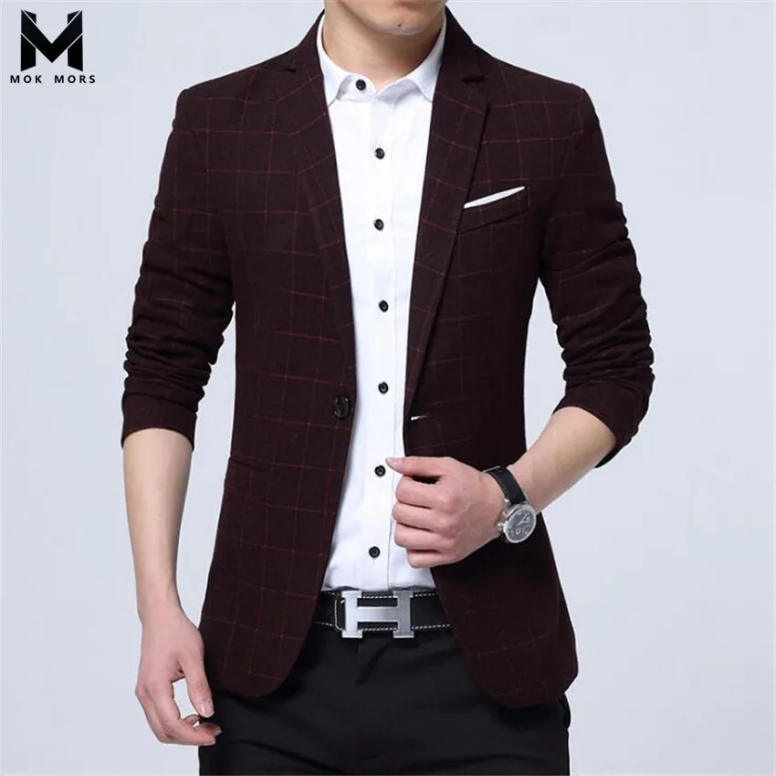 2018 Men New Korean Version Of The Slim Plaid Long Sleeve