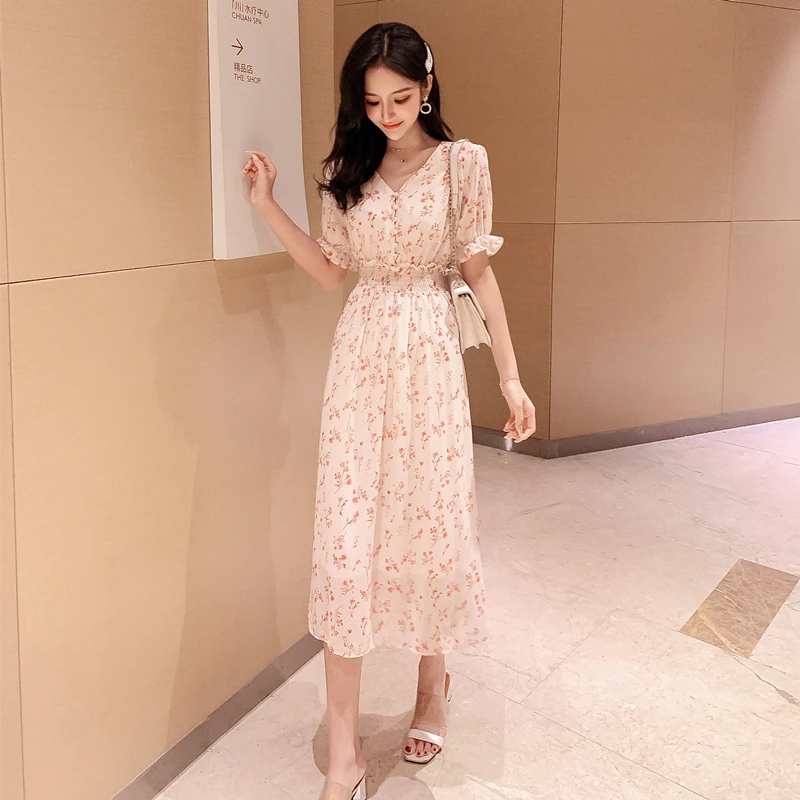 

2019 summer fairy super sensation V-neck high waist floral dress female short-sleeved chiffon long vestidos robe femme plus size