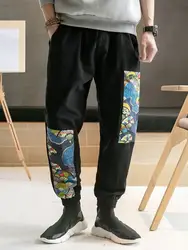 Япония и Корея Стиль Хлопок льняной с принтом повседневные шаровары мужские брюки вентилятор эластичный пояс с принтом свободные мужские