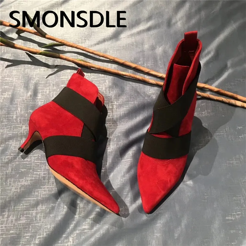 

SMONSDLE New Style Black Red Suede Women Ankle Boots Pointed Toe Slip On Thin High Heel Women Autumn Winter Boots Shoes Woman