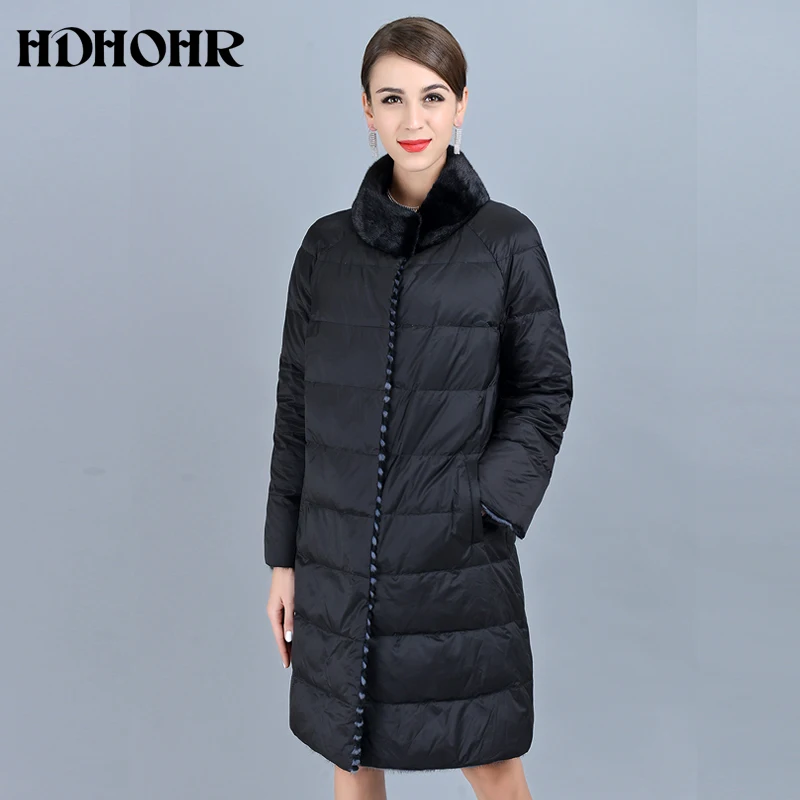 HDHOHR 2018 New Women's Real Mink Fur Coat With Down Double Side Wear Jacket Warm Genuine Leather Strip Long Jackes For Female