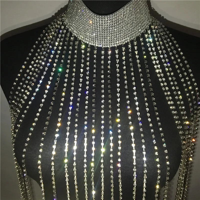 Women Sexy Rhinestone Nightclub Mini Dress Choker Halter Gold Silver Tassel Diamond Chain See Through Hollow Out Mini Dress