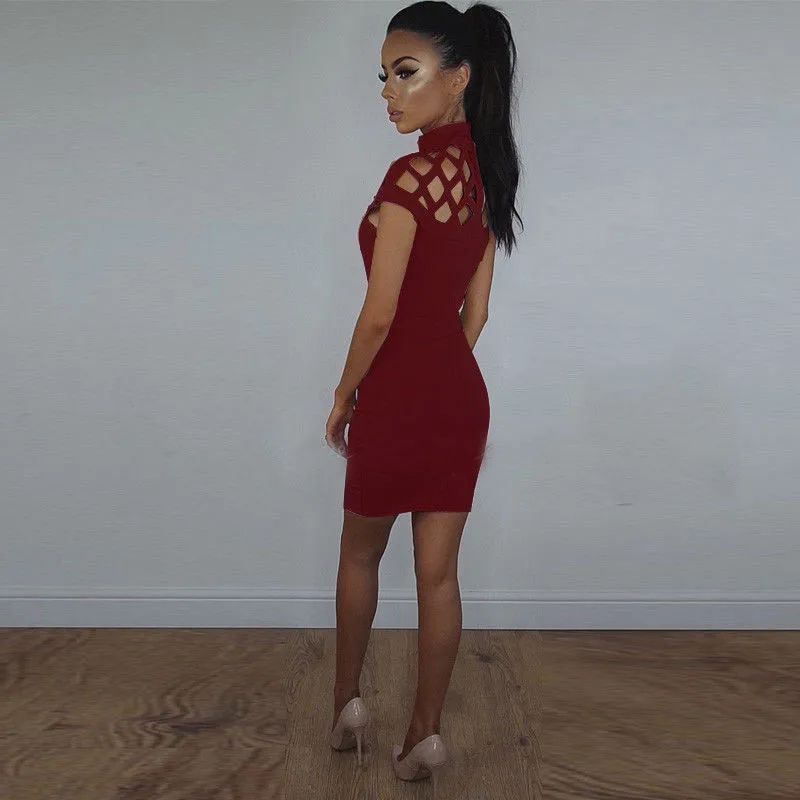 New Fashion Womens Sexy Hollow Out High Neck Dress Ladies Bodycon Slim Short Sleeve Evening Party Pencil Mini Dress
