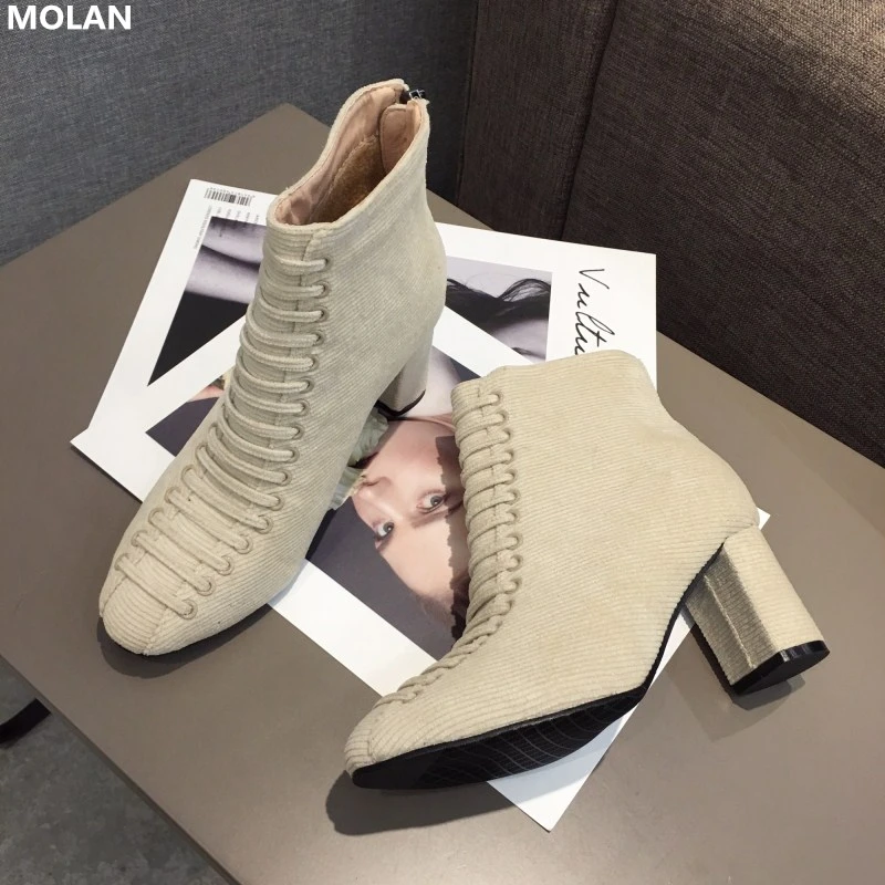 

MOLAN Brand Designers 2018 Winter Cross Tie Warm Soft Plush Hair Woman Suede Ankle Boots Zipper High Square Heels 7cm Lady Shoes