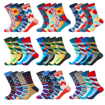 

LIONZONE 4Pairs/Lot Men Cotton Socks Maple Wavy Plaid Diamond Pattern Casual Crew Socks for Happy Wedding Gifts