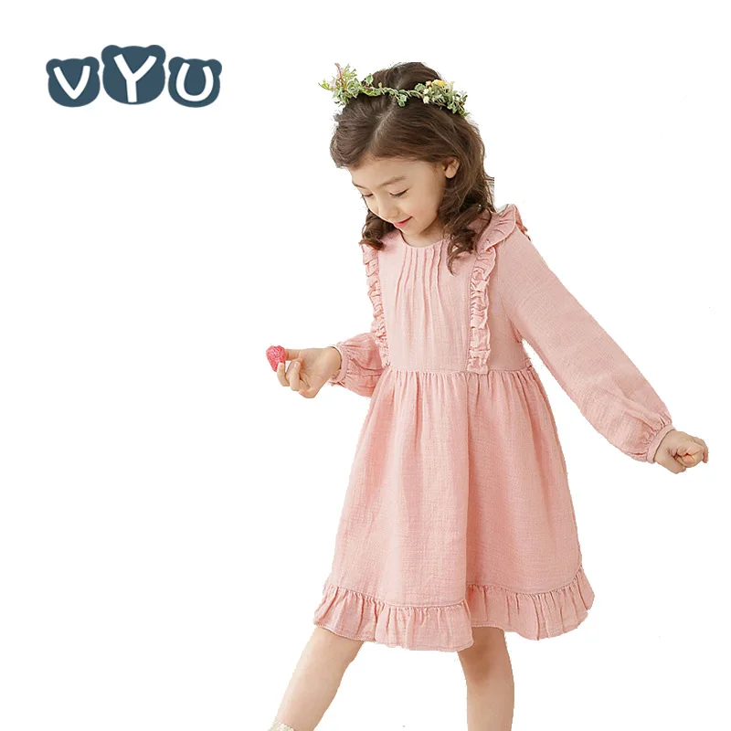 

New Arrival Korean Autumn Fall Girls Dress Sweet Pink Long Sleeved Children Clothing For Kids Casual Birthday Party Dress