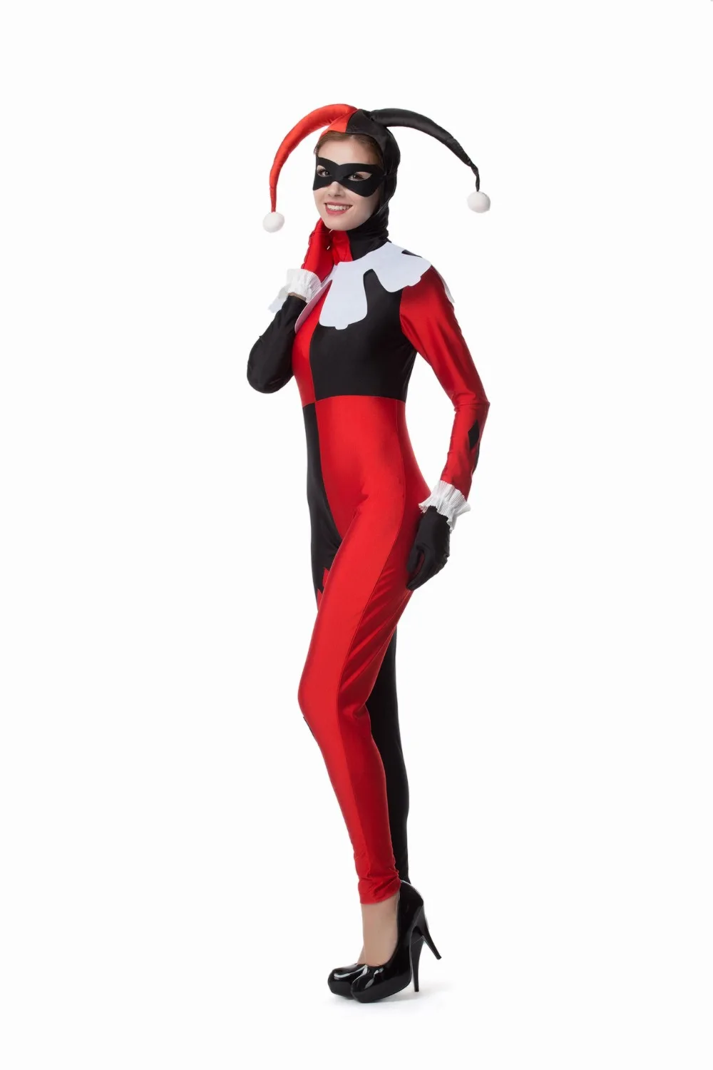 Харли Квинн костюм Женщины взрослый сексуальный супергерой клоун Косплей спандекс Полный боди карнавальный костюм установлены Арлекин Косплей M XL