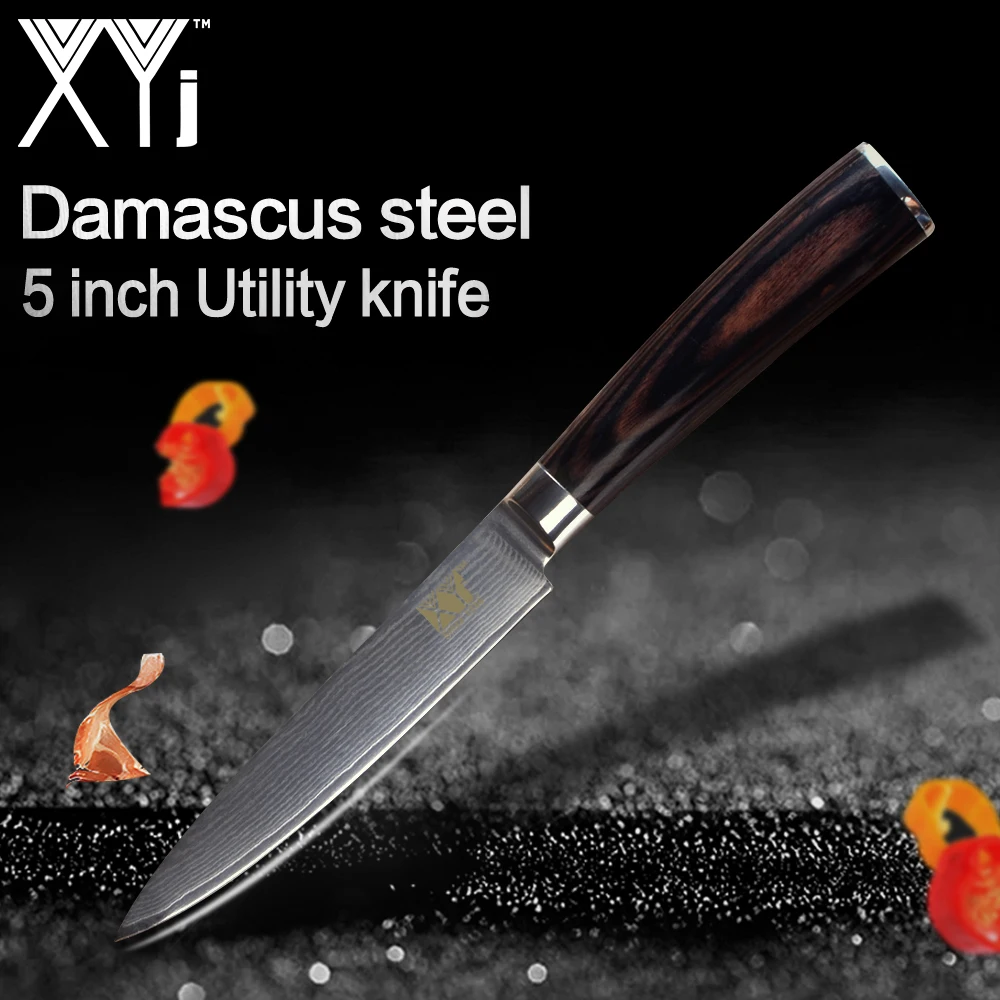 

XYj Kitchen Knives New Arrival 2019 Damascus Steel Utility Knife Beautiful Pattern High Grade Color Wood Handle Kitchen Tools