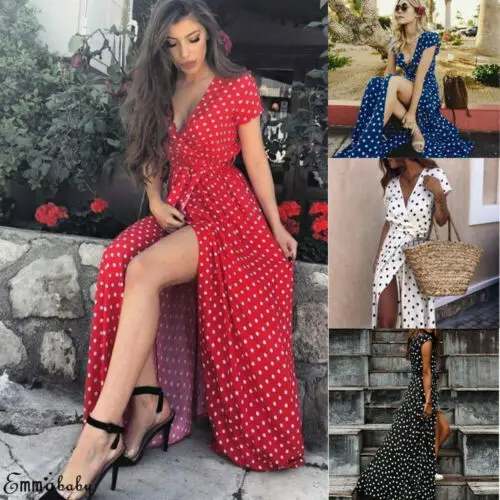 Women Wrap Summer Boho Polka Dot Maxi Dress Casual Ladies Short Sleeve V Neck Holiday Beach Long Sundress Fashion Wrap Sundress