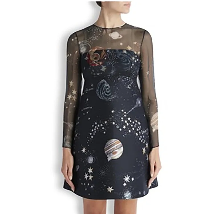 

Spring 2019 New Women Dress Star Pattern Printed Dress In Europe and America Perspective Chiffon Print Dresses Women O-Neck