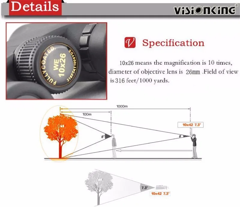 Visionking HD 10x26 бинокль с мощным зумом, дальний Телескоп, Бинокль, телескоп с широким углом обзора, для охоты