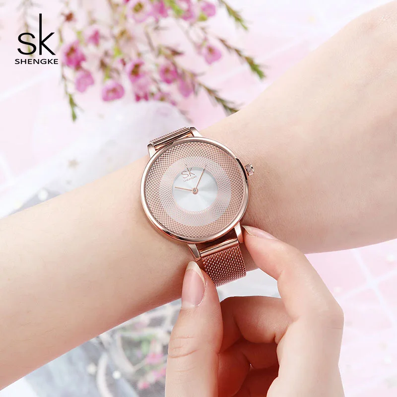 Shengke розовое золото женские стильные женские наручные часы из нержавеющей стали Reloj Mujer новые модные кварцевые часы для женщин# K0104