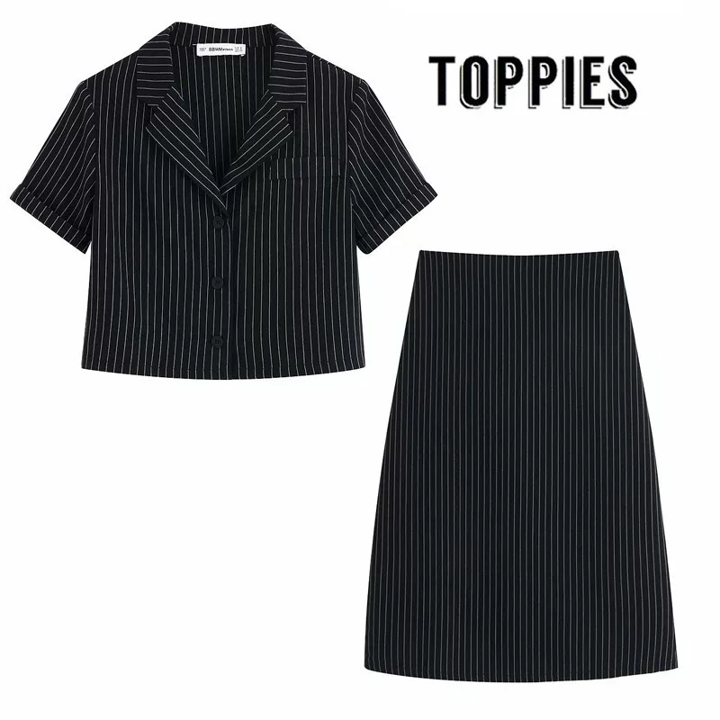 

2019 Black Striped Suit Set Office Lady Two Piece Set Short Shirts High Waist Pencil Skirts Women Costume