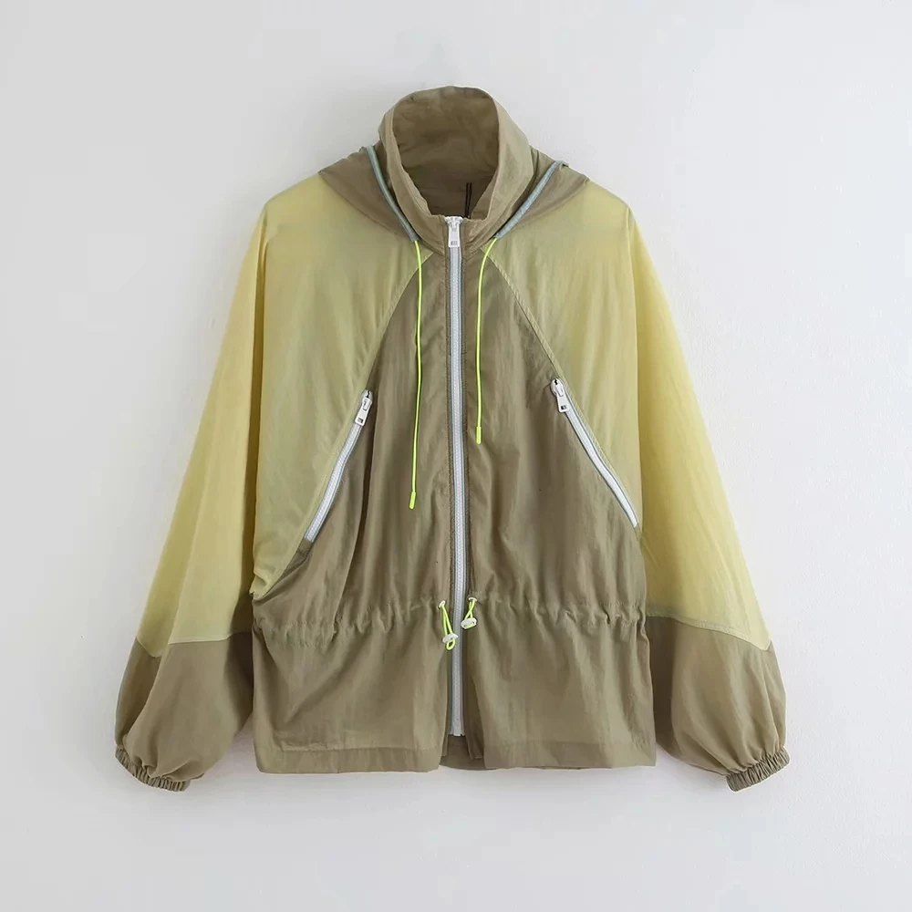 Very best  Long sleeved Women's Windbreaker Yellow patchwork summer hooded Women's thin Jackets oversized Coat