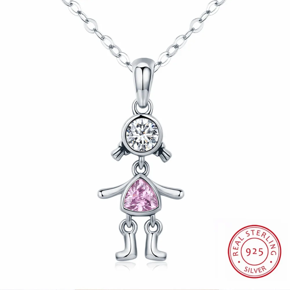 

New Fashion 100% 925 Sterling Silver Cute Little Girl Boy Pink Blue CZ Pendant Necklaces for Women Sterling Silver Jewelry Gifts