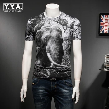 

2020 Short-Sleeved Mens T-shirt Fashion Double Silk Cotton Gray Style Slim Youth Elephant Printing Male Casual T-Shirts Big Size