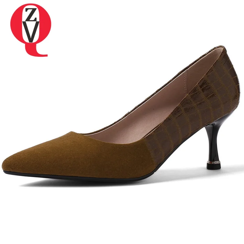 

ZVQ women new style retro shoes pointed toe good quality thin heel flock and patent microfiber ladies party shoes brand heels