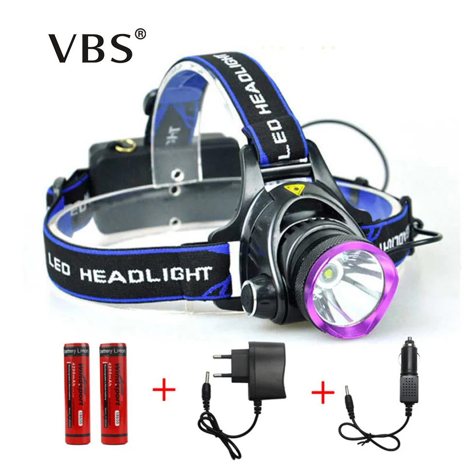 LED Headlamp Cree XML T6 Waterproof rechargeable Head light+ AC charger + Car charger + 2*18650
