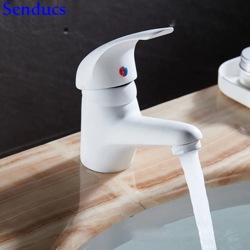 

Senducs White Bathroom Basin Faucet Deck Mounted Hot Cold White Basin Sink Faucet with Quality Brass Bathroom Mixer Faucet