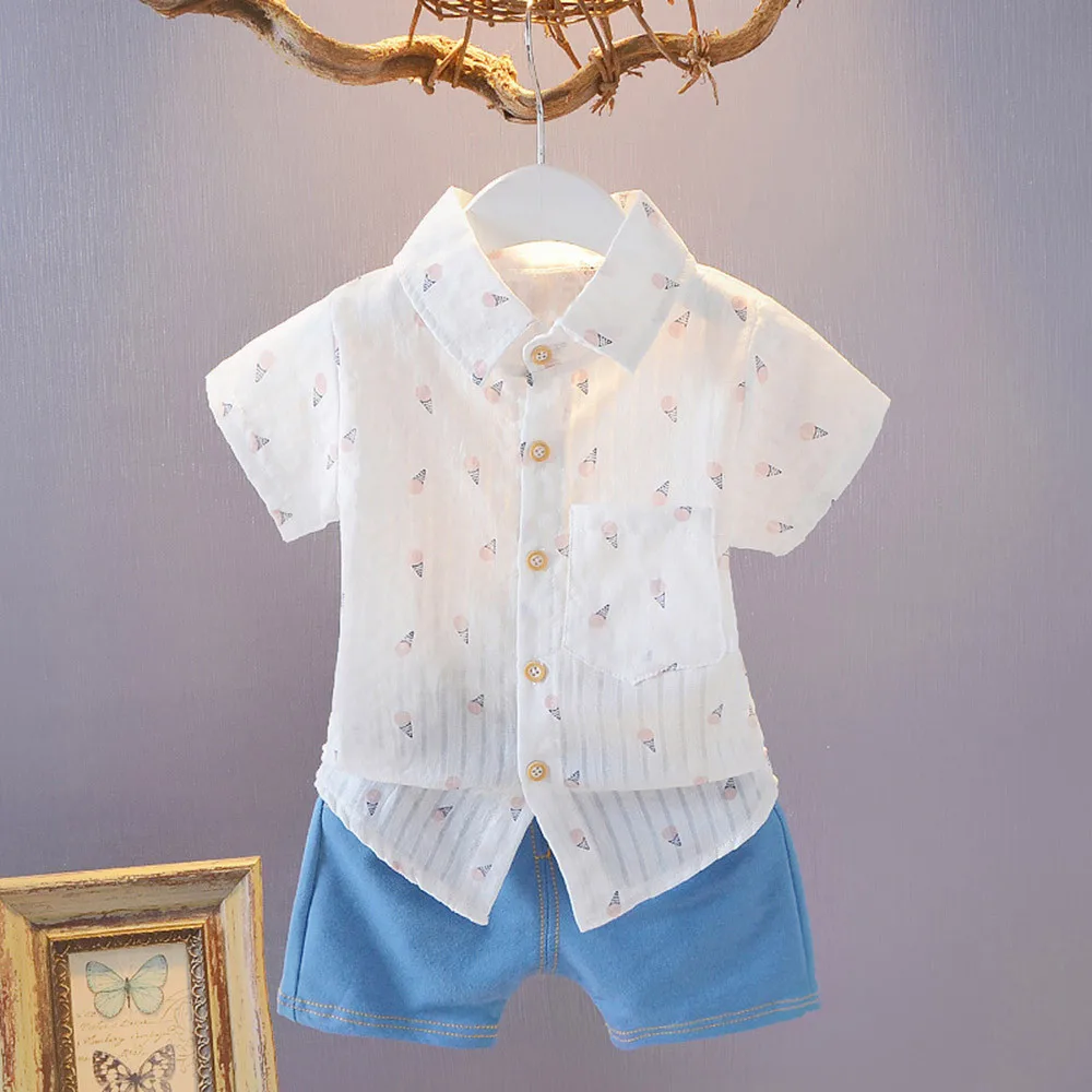 

MUQGEW 2019 Hot Sale Toddler Baby Boys Short Sleeve Ice Cream Print T Shirts Denim Shorts Set Outfit Dropshipping Baby Clothes