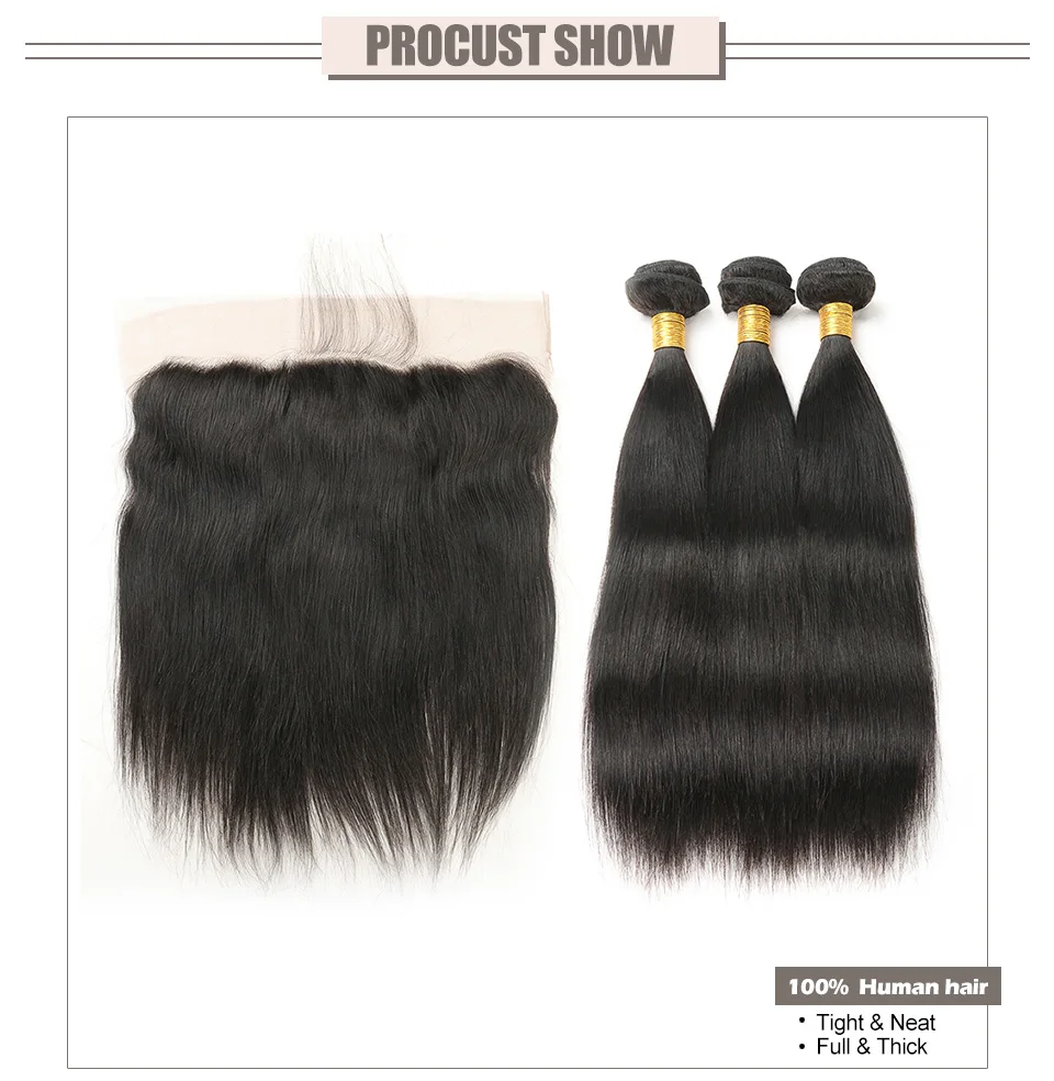 Hair Villa Pre-Colored Brazilian Straight Bundles With 134 Lace Frontal Closure #1B Natural Black Non-Remy Human Hair Weave (3)