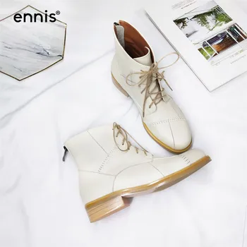 

ENNIS 2019 Designer Boots Ladies Genuine Leather Boots Women lace Up Martin Ankle Boots Black Beige Autumn Winter Zip Shoes A956