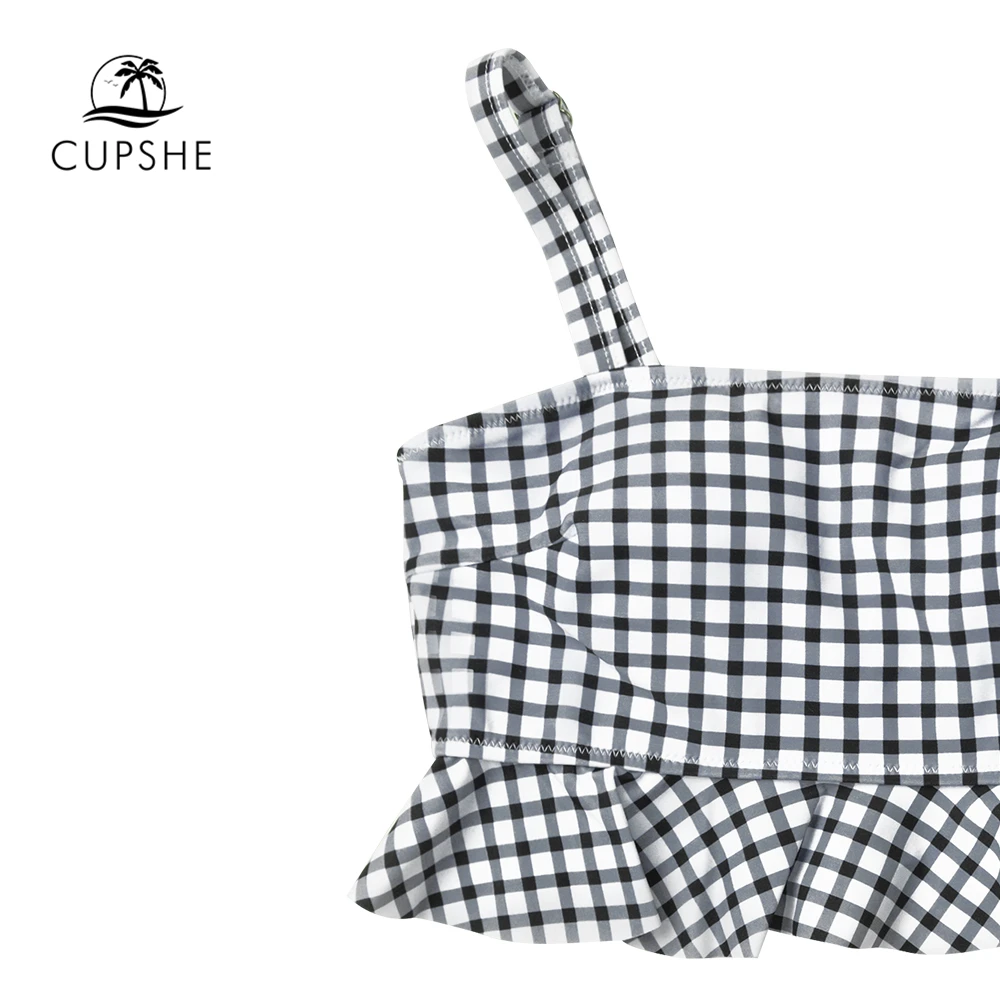 Günstige CUPSHE Schwarz Und Weiß Gingham Rüschen Bikini Sets Frauen Hohe Taille Gürtel Tank Zwei Stück Badeanzüge 2020 Mädchen Nette Bade anzüge