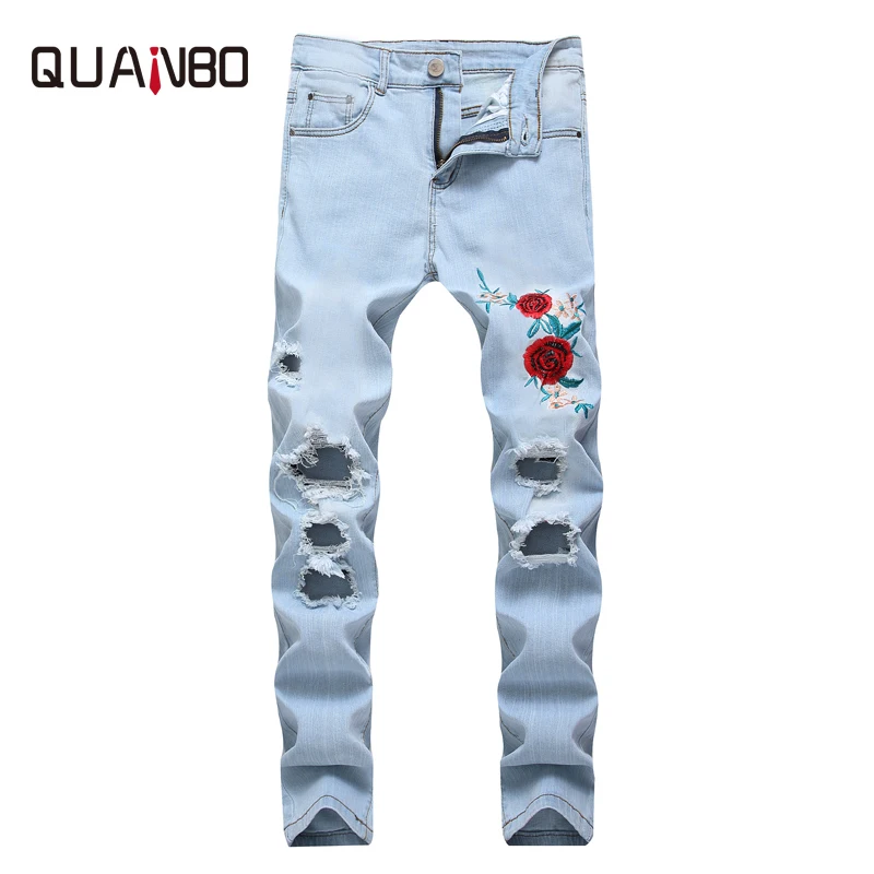 

QUANBO 8 Colors Mens Ripped Jeans 2019 New Fashion Embroidery Rose Men Jeans Light Blue Slim Fit Stretch Denim Pencil Pants 42