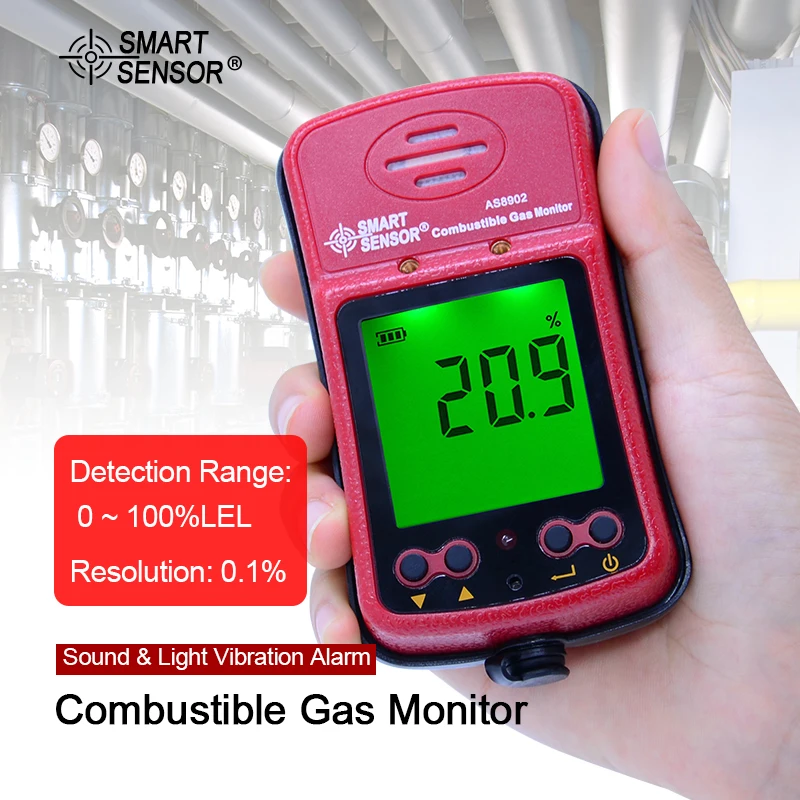 

SMART SENSOR AS8902 High Sensivity Natural Gas Meter Large LCD Backlit Alarm Digital Combustible Gas Leak Detector