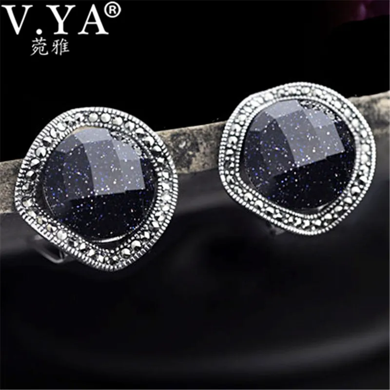 V.YA Blue Sand Stone 925 Sterling Silver Earrings Unique Twist Ear Clip Earrings Jewelry for Women Female Best Christmas Gift