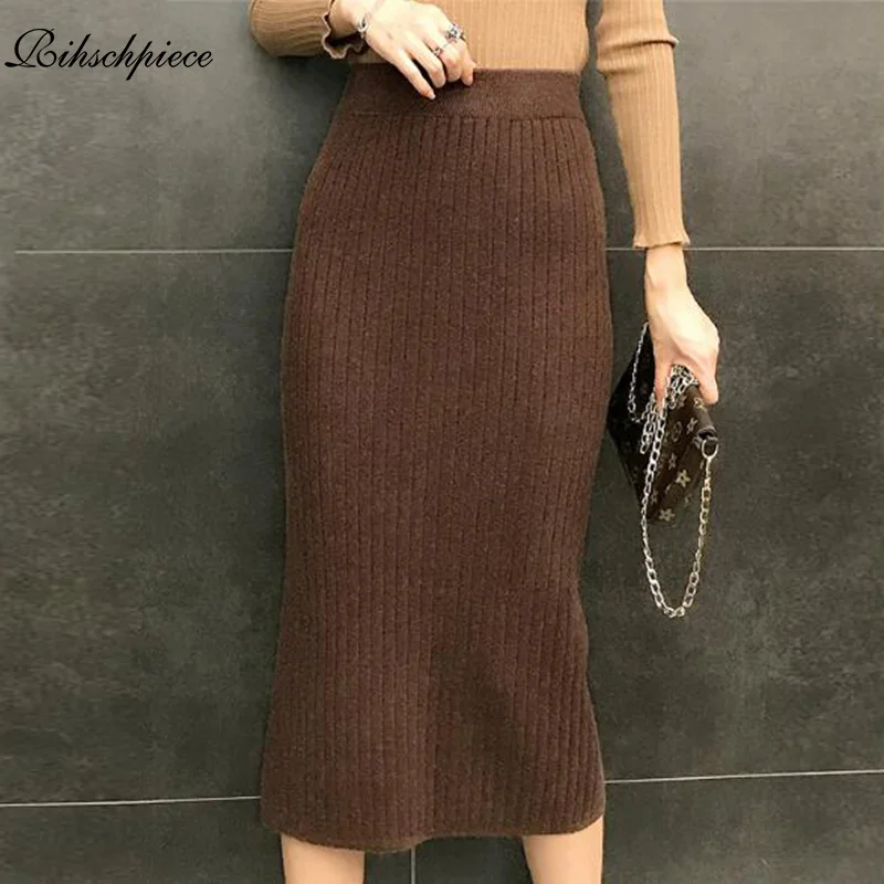 Comprar Rihschpiece 2018 invierno de talla grande 3XL falda lápiz mujer de punto de cintura alta faldas Midi mujer Vintage Sexy falda negra RZF1432