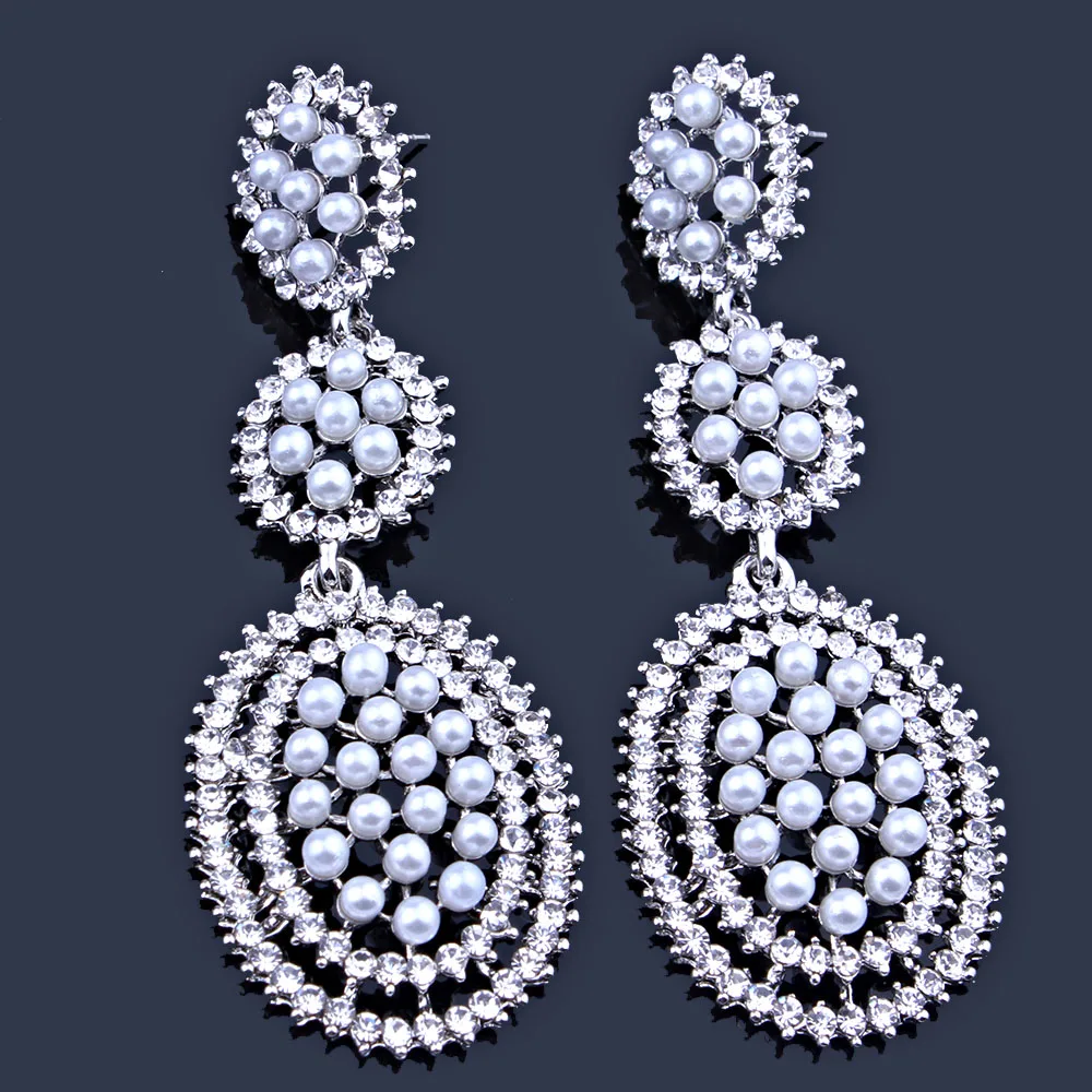 

Imitation Pearl Jewelry Fashion Round Drop Earrings with Rhinestones long Earrings for women Wedding Party Accessory