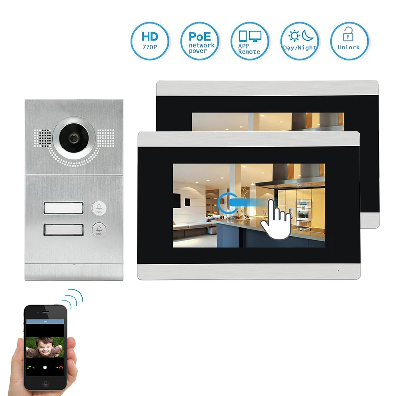 

Free Shipping 2 Apartments POE Power 1.0MP IP 7" Touch Screen LCD Video Intercom Door Phone Record Monitor Kit Smartphone Remote