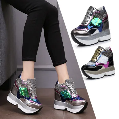 

2019 Spring Autumn Women High Platform Shoes Fashion 12 cm Thick Soled Female Sequins Trainers Sneakers Casual Shoes