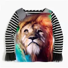 Блузки для маленьких девочек; детские кружевные рубашки в полоску с длинными рукавами и принтом льва; модная повседневная одежда для малышей