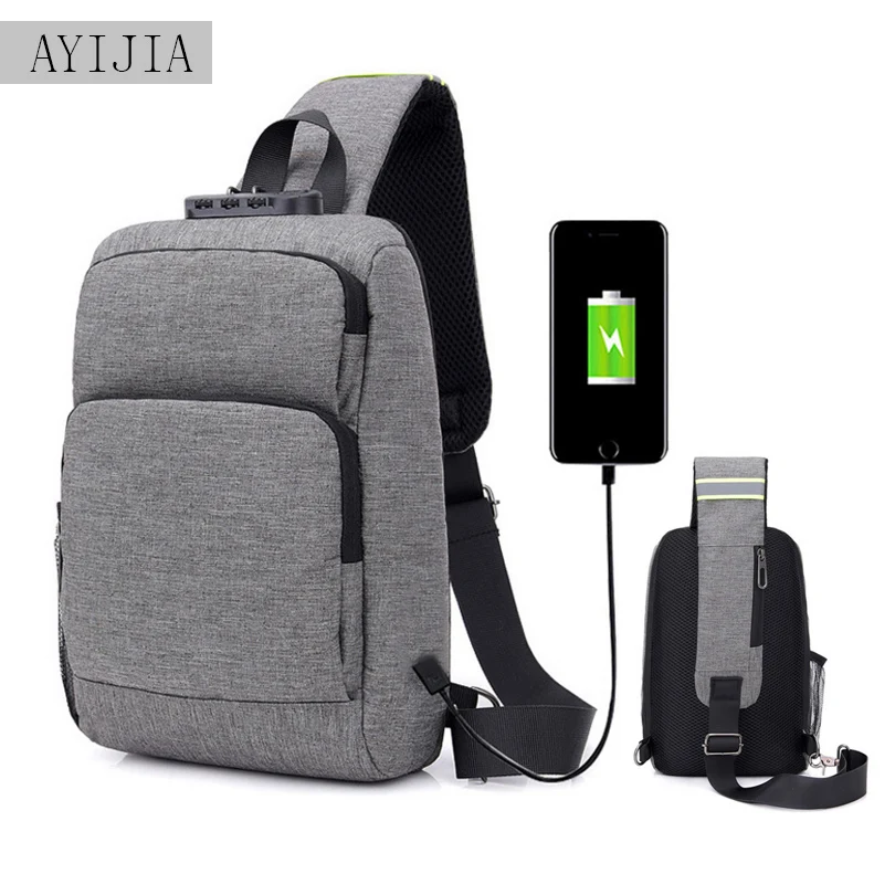 

2018 new with USB charging interface Messenger bag anti-theft handbag Simple casual men's chest bag ladies travel Messenger bags