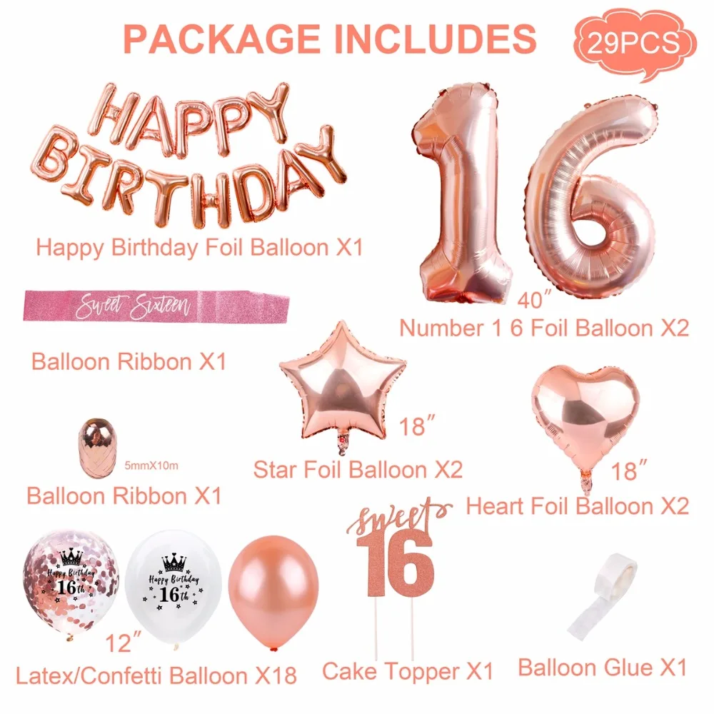 Patimate Happy Birthday Party Decors Kids Adult 16th Birthday Balloons Sweet 16 Party Decors 16 Birthday Party Favors Festival
