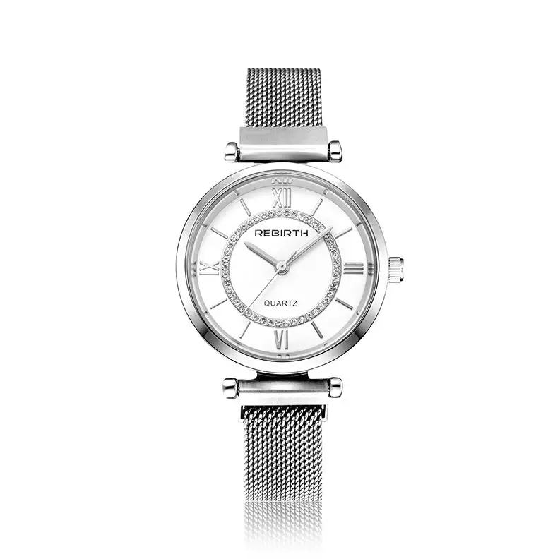 REBIRTH женские часы Стразы для женщин браслет часы для дам Наручные часы Простой бизнес Montre Femme Relogio Feminino - Цвет: Silver