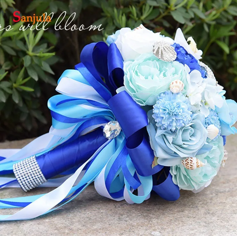 Momichel Vente Bleu Fleurs Bouquets De Mariee Avec Mer Etoiles Coquilles Bouquet Mariage Pour Demoiselles D Honneur Fleur H009 Pas Cher En Ligne
