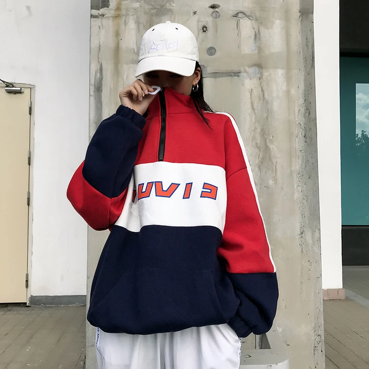 Cheersolo Толстовка Harajuku для женщин лоскутное негабаритных толстовка на молнии